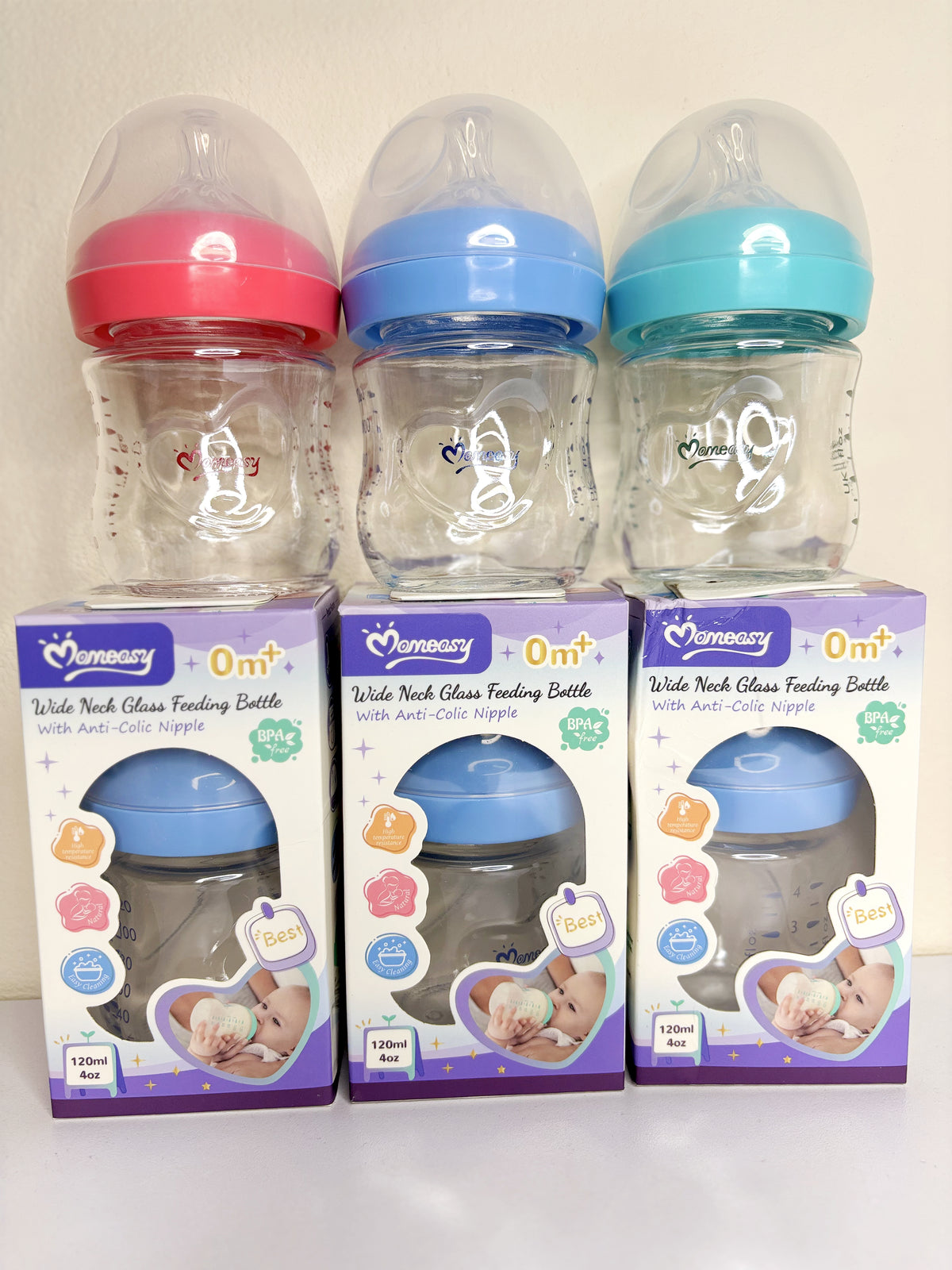 Momeasy Wide Neck Glass Feeding Bottle (120ml / 4oz)